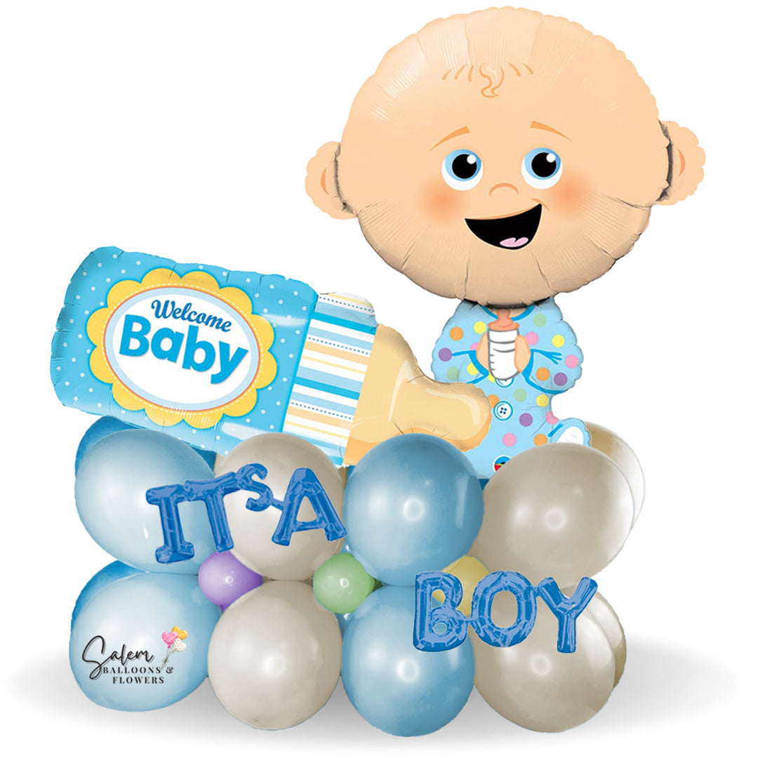 It's a boy balloon bottle and baby boy balloon. Balloon bouquet. Balloons Salem Oregon and nearby cities.