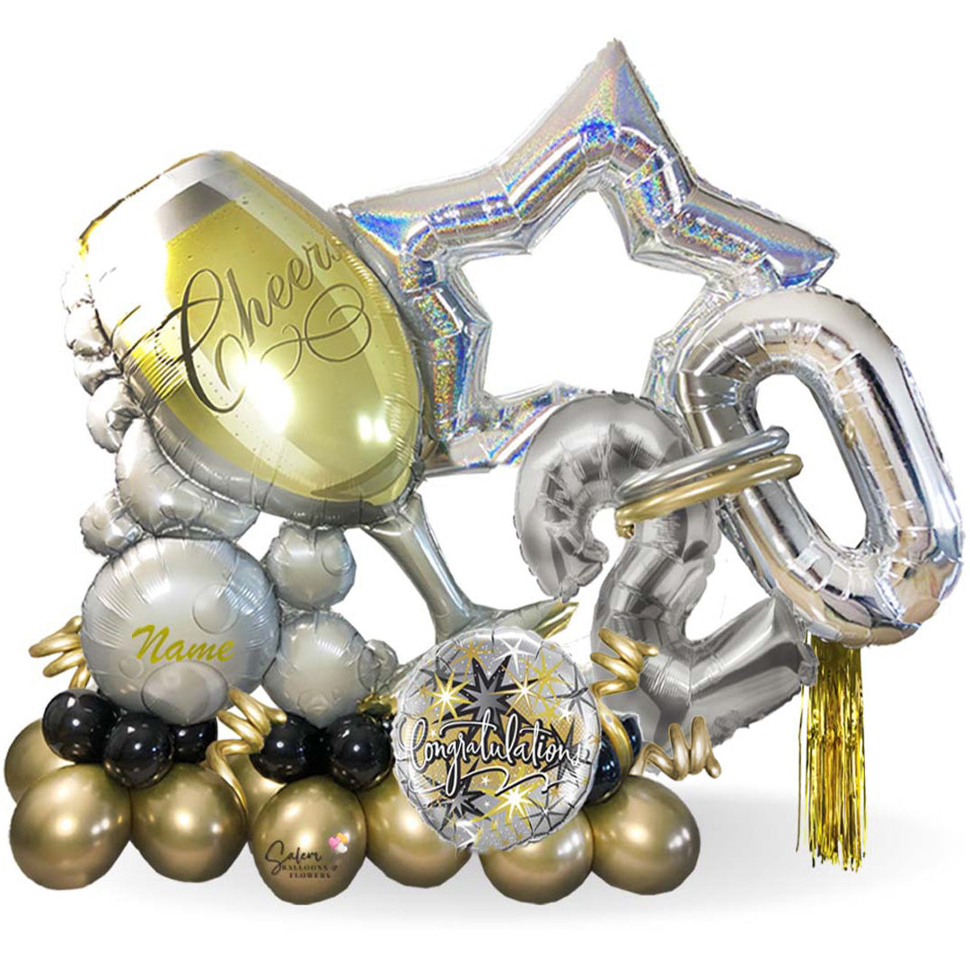 Cheers! happy aniversary balloon bouquet with numbers, a star and a cup. Salem Oregon balloon decor and balloon gifts delivery.