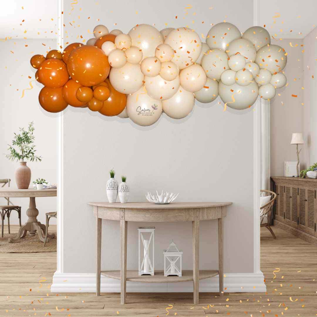 5 ft. organic balloon garland in 3 colors, orange, beige and blush. Size Chart. Salem Oregon balloon decor.
