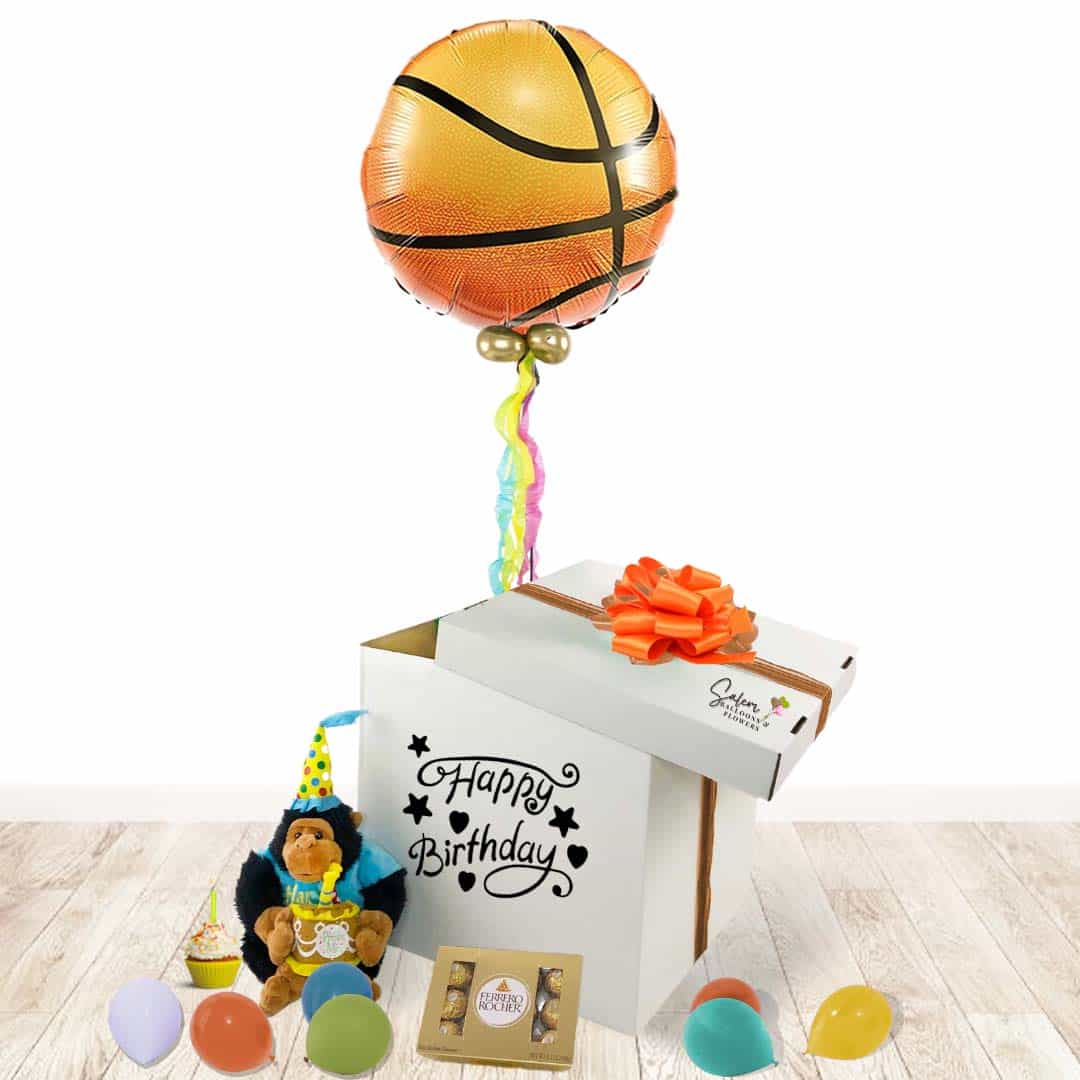 Surprise Balloon Box birthday gift. Lift the lid and let the happiness float up! A magical basketball balloon floats up as it reveals a cuddly musical plushy that plays a festive Happy Birthday tune and a box of delicious chocolates. Balloons Salem Oregon