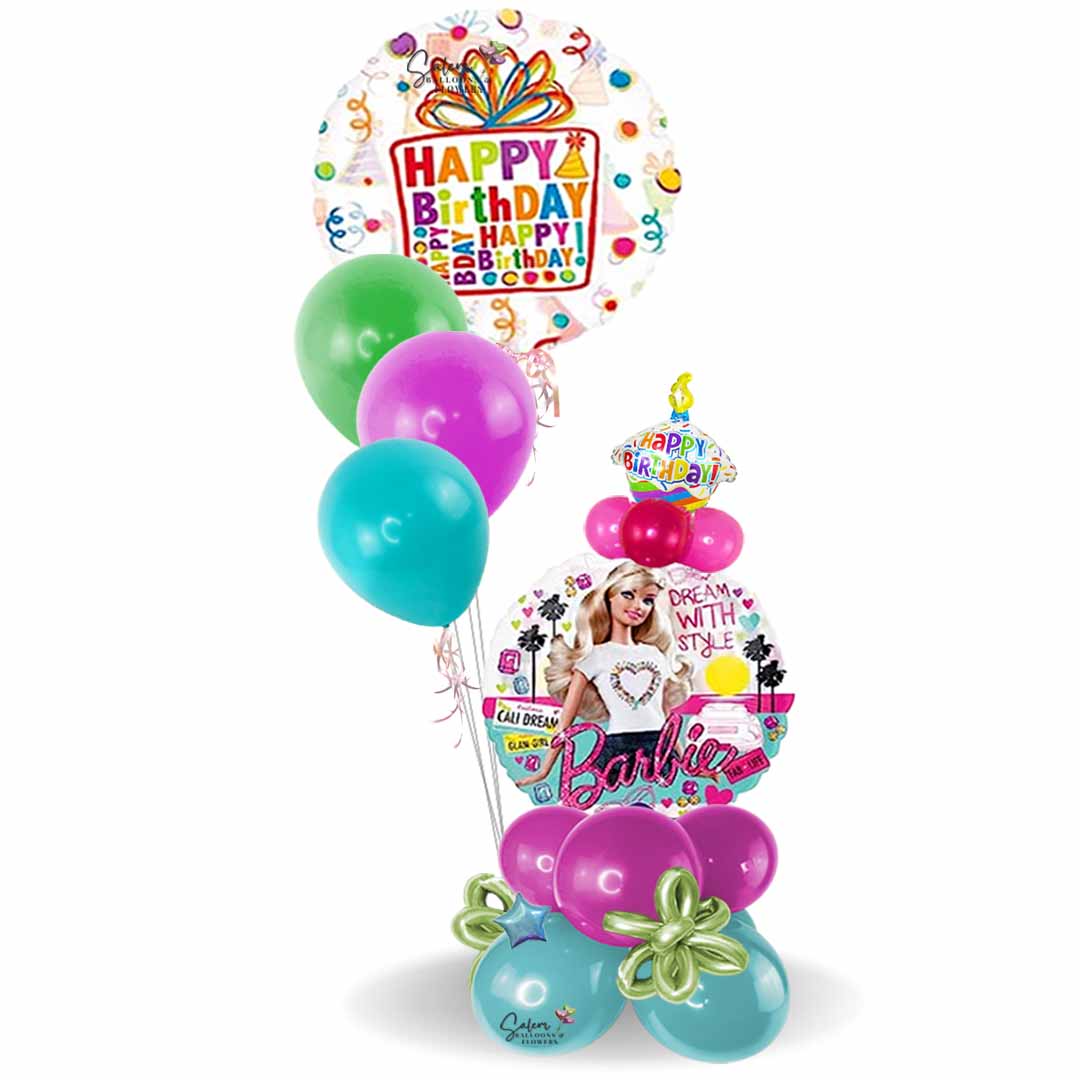 Barbie themed birthday balloon bouquet, with helium balloons in vibrant barbie pinks and blues. Balloons salem Oregon and nearby cities.