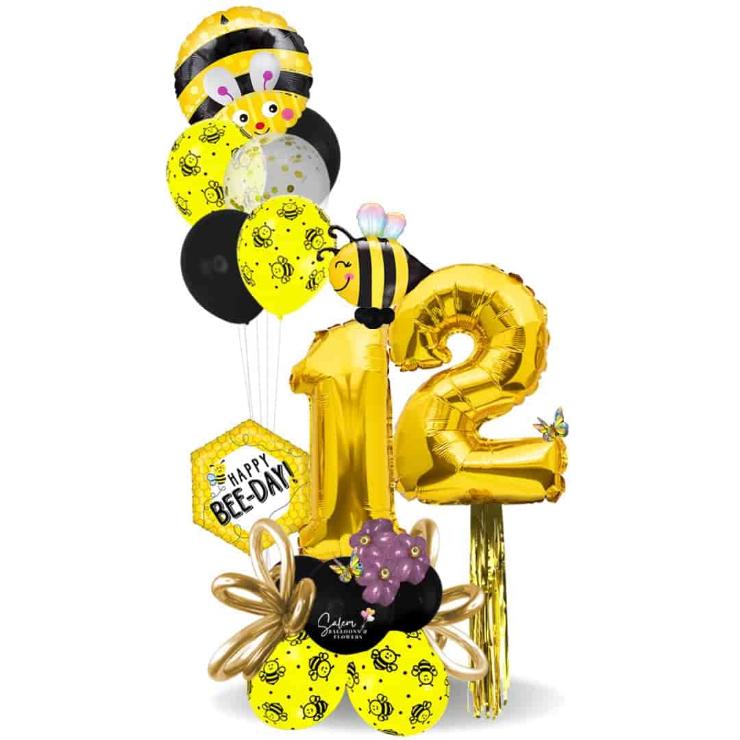 Happy birtday large gold numbers balloon bouquet. With a Bees theme. Deluxe style includes a set of helium balloons. Balloon delivery in Salem Oregon and nearby cities. Helium balloons Salem Oregon.