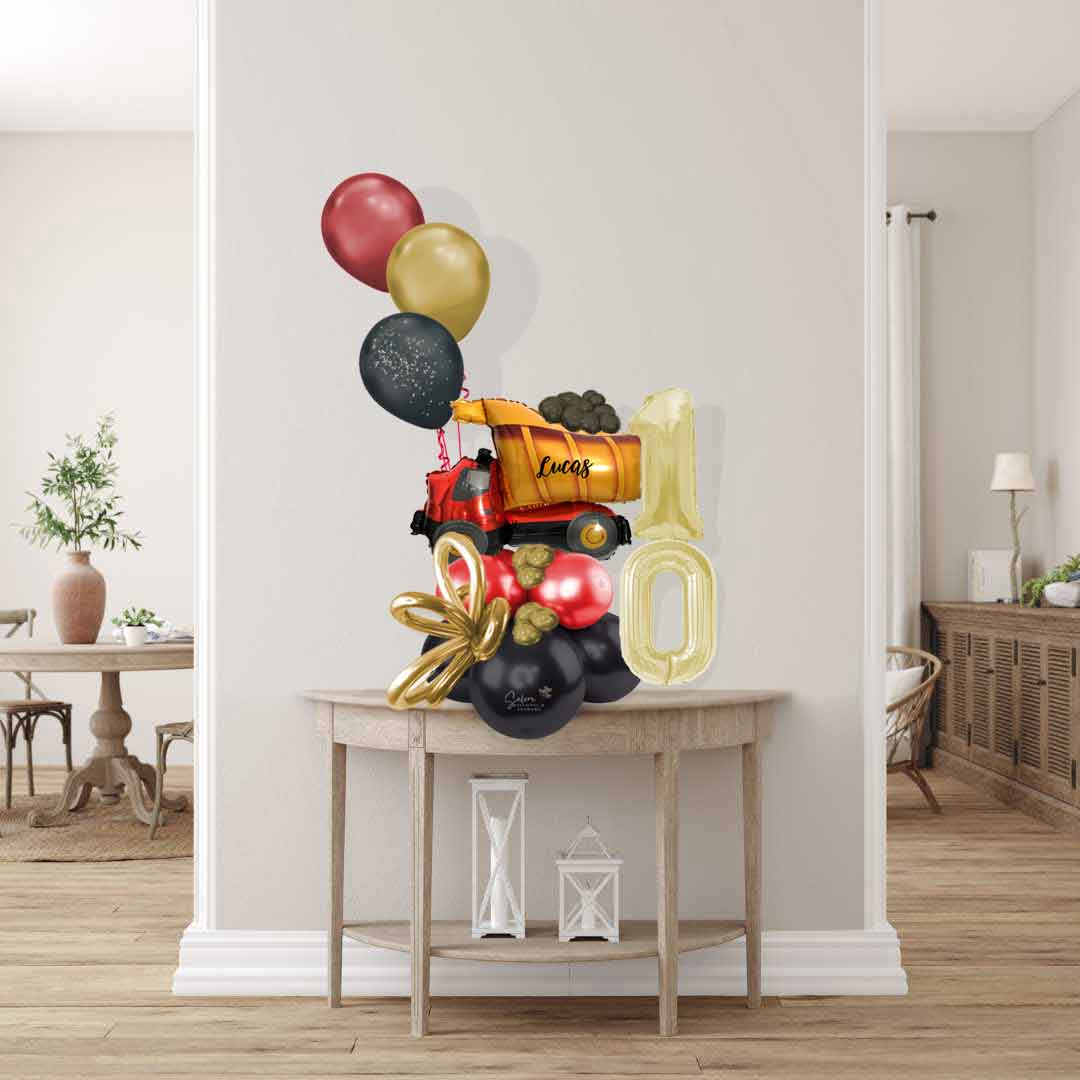 Balloon numers. Tonka truck inspired balloon bouquet. Featuring a balloon truck with a load of balloon coals and gold balloon numbers and helium balloons. Balloon delivery available in Salem Oregon and nearby cities. Size chart.