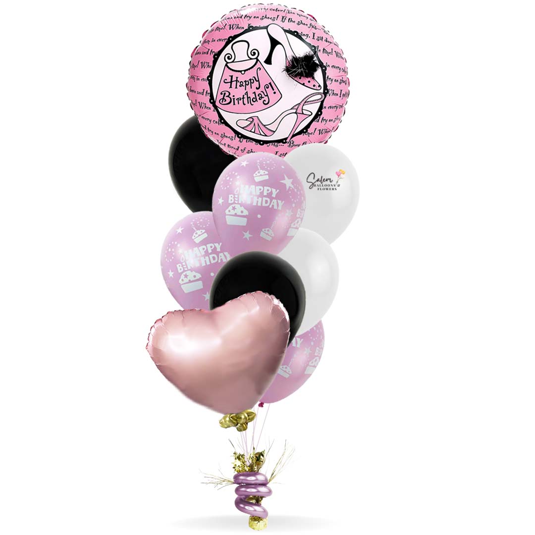 Happy Birthday Classic Balloon Bouquet. Featuring a pink Mylar balloon with a pink shoes, pink purse and a Happy Birthday message, anchored to a decorated weight. Available in 2 different styles. Salem Oregon balloon delivery