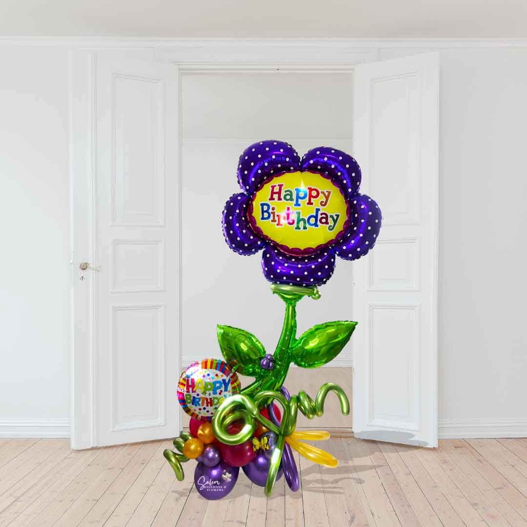 Tall balloon marquee featuring a flower pick. Birthday balloons Salem Oregon and nearby cities.. Size chart