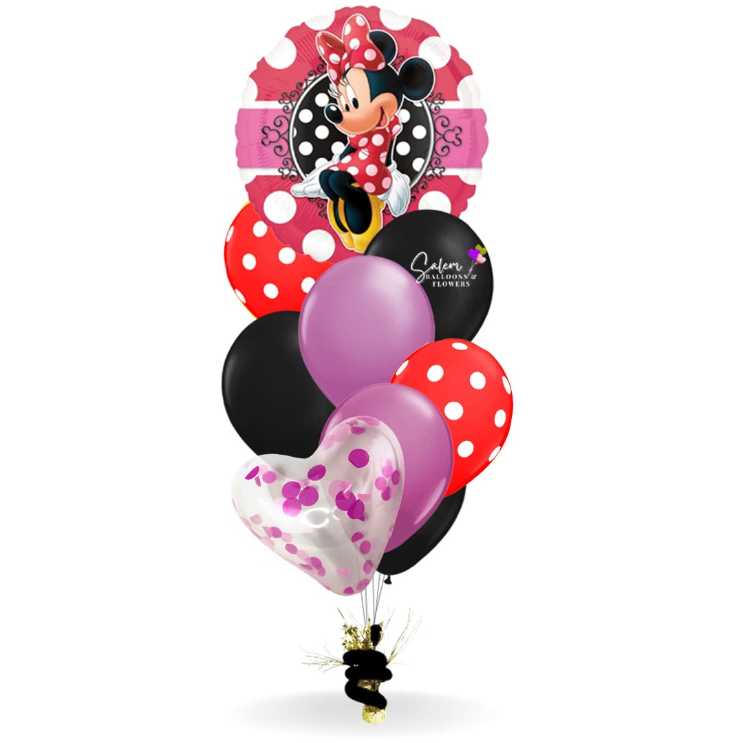 Birthday helium balloons. Featuring a  Minnie Mouse Mylar balloon. Delivery available in Salem Oregon and nearby cities.