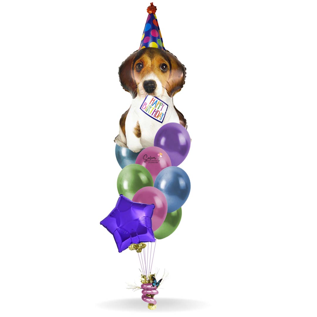 Extra tall Happy Birthday Balloon Bouquet. Featuring a large puppy dog balloon with a Happy Birthday message and a set of matching colors balloons, anchored to a decorated weight.Balloon delivery in Salem Oregon and nearby areas.