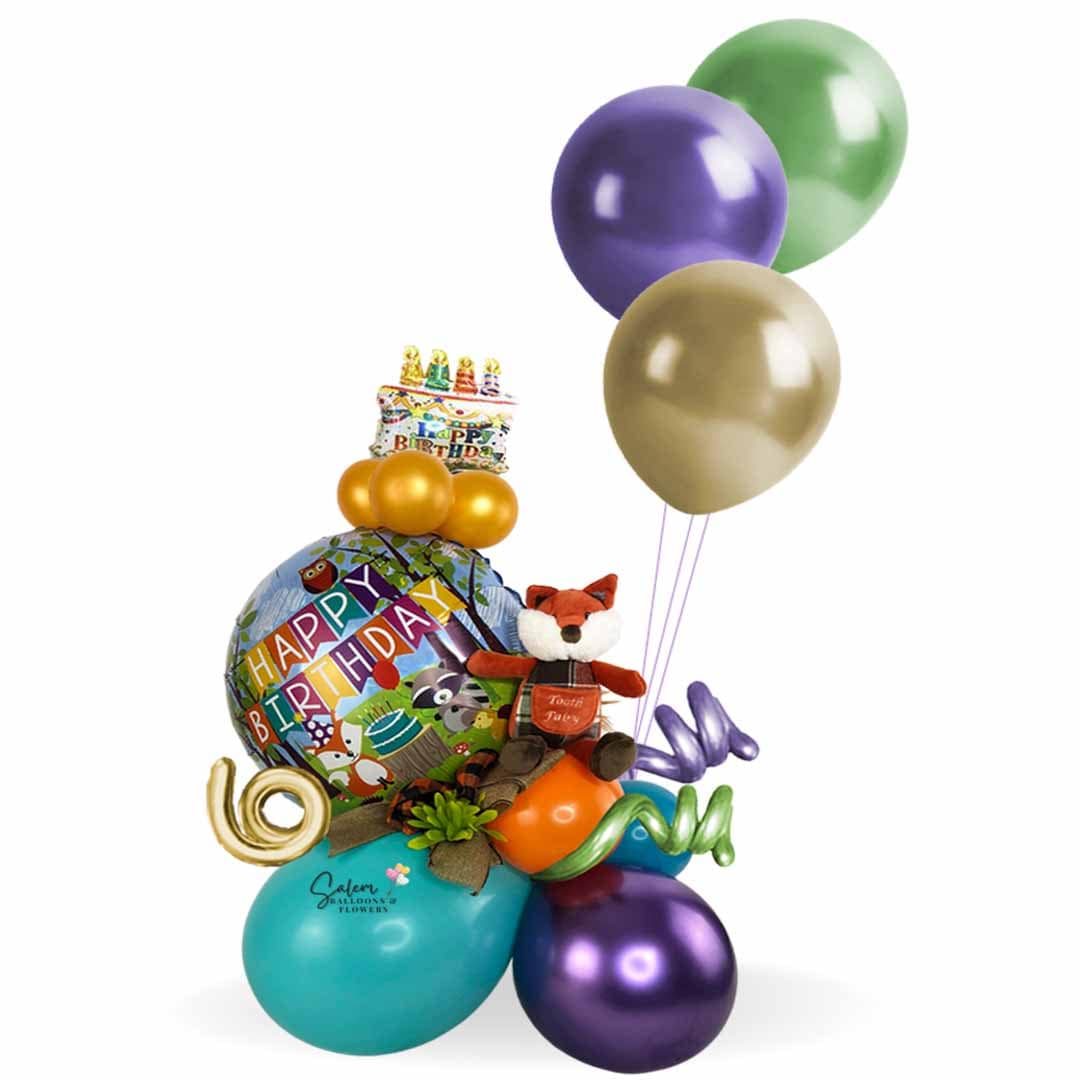 Woodland themed balloon bouquet with fox plush and helium balloons in Salem Oregon and nearby cities.
