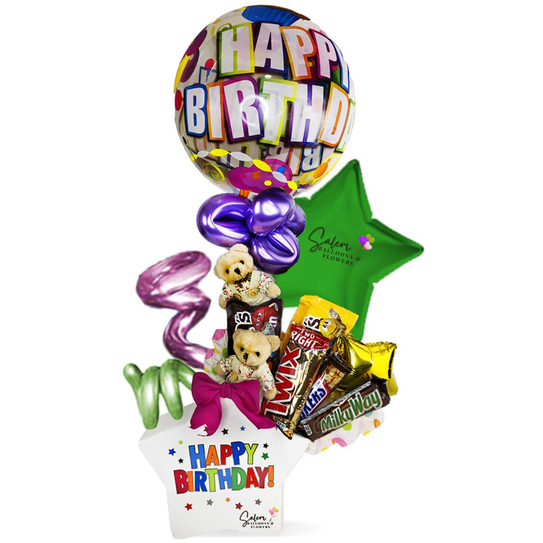 Gorgeous Birthday gift. A ceramic star vase filled with a delicious assortment of Chocolates, colorful Happy Birthday Balloons, The cutest mini Teddy Bears and balloon numbers! Delivery Baloons Salem Oregon and nearby cities.