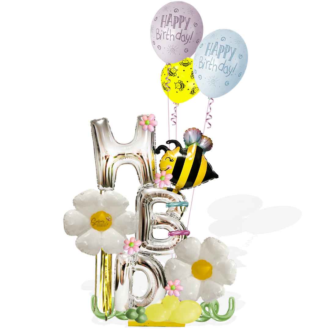 HBD balloon bouquet featuring the cutest bee, daisy flowers and H, B and D balloon letters and a set of helium balloons. Balloon delivery Salem Oregon and nearby cities