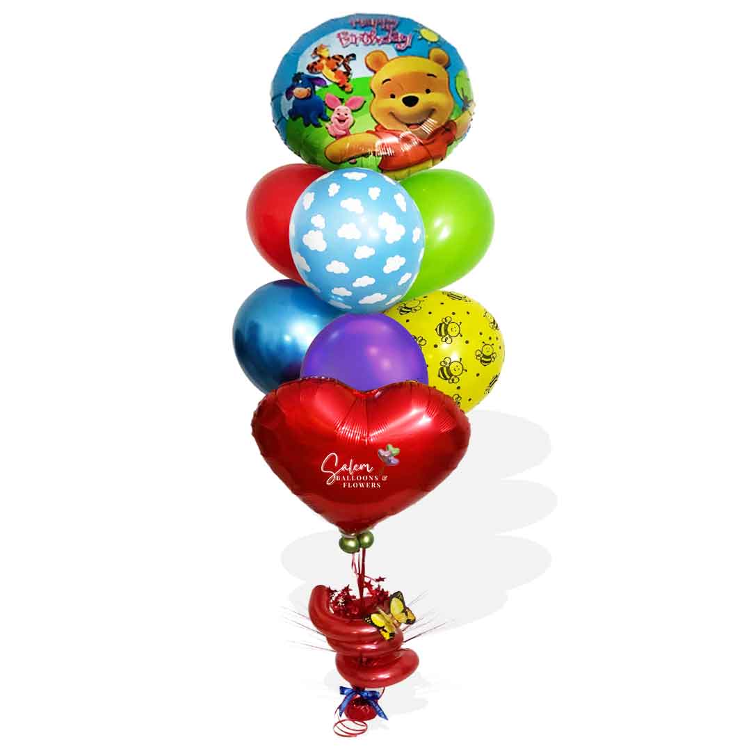Winnie the Pooh themed birthday helium balloon bouquet. Salem Oregon balloon delivery.