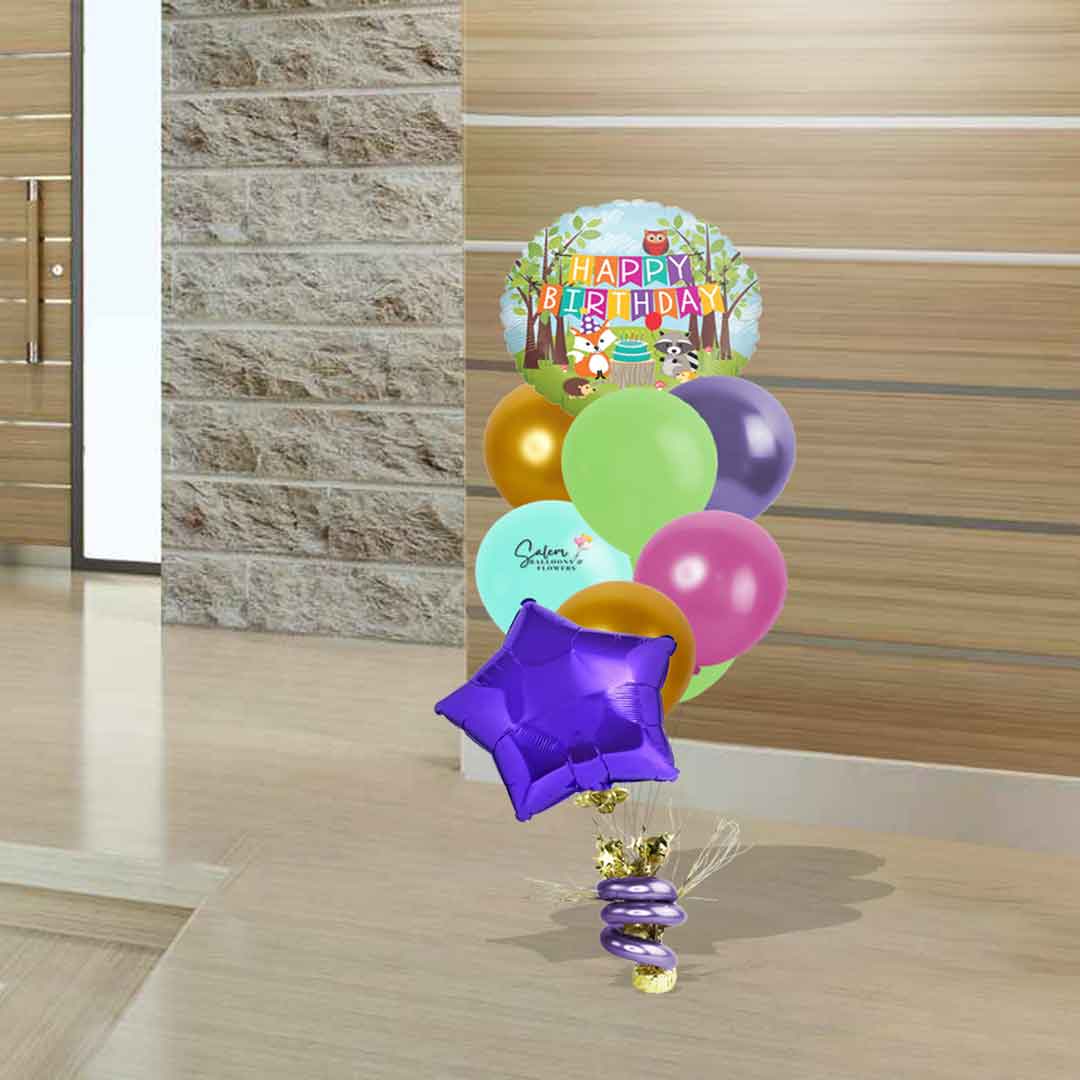 HBD helium balloon bouquet, featuring a woodland happy birthday Mylar balloon. Delivery in Salem Oregon and nearby cities.