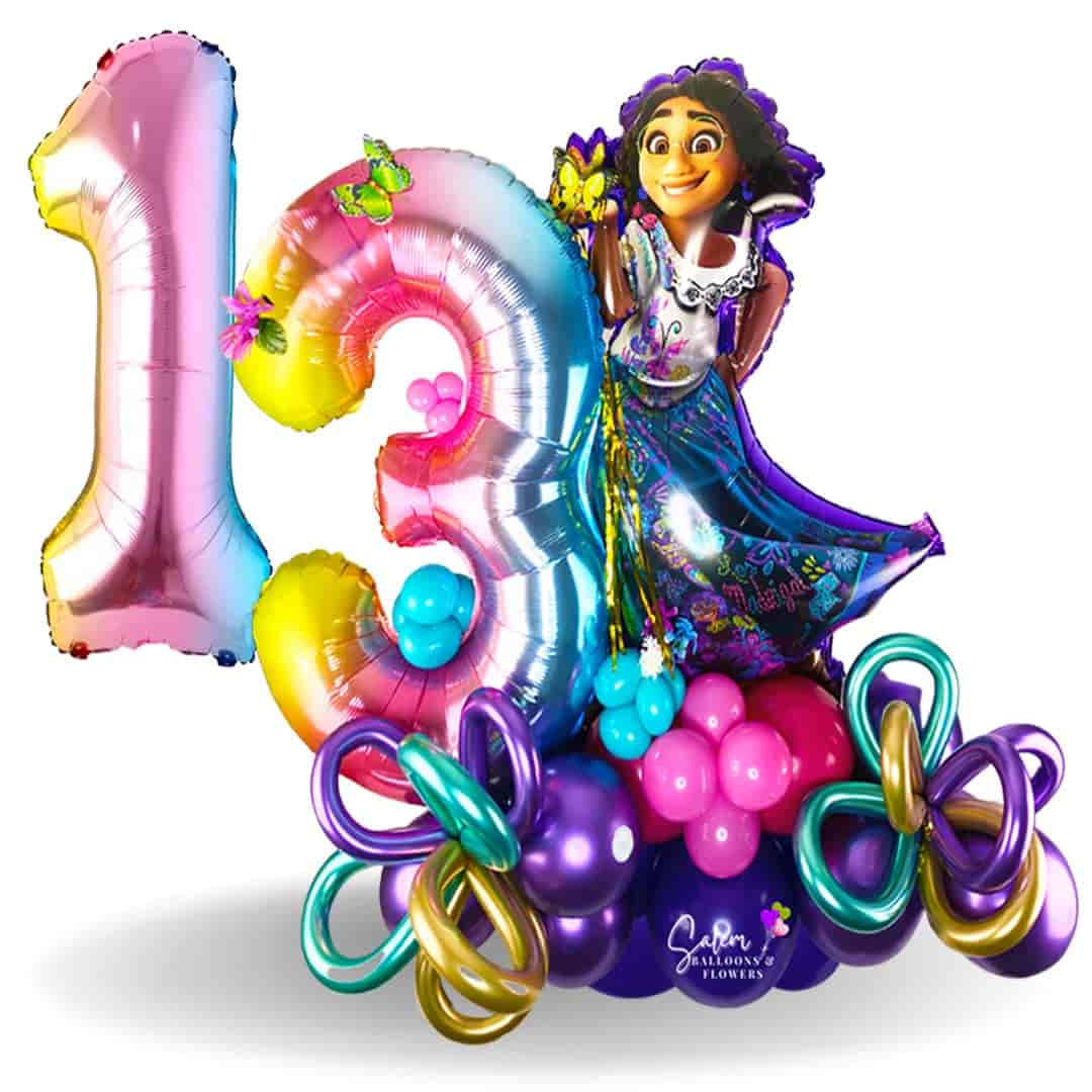 balloon number bouquet. Featuring a Encanto doll balloon and a large number. Birthday balloons. Delivery in Salem Oregon and nearby cities.