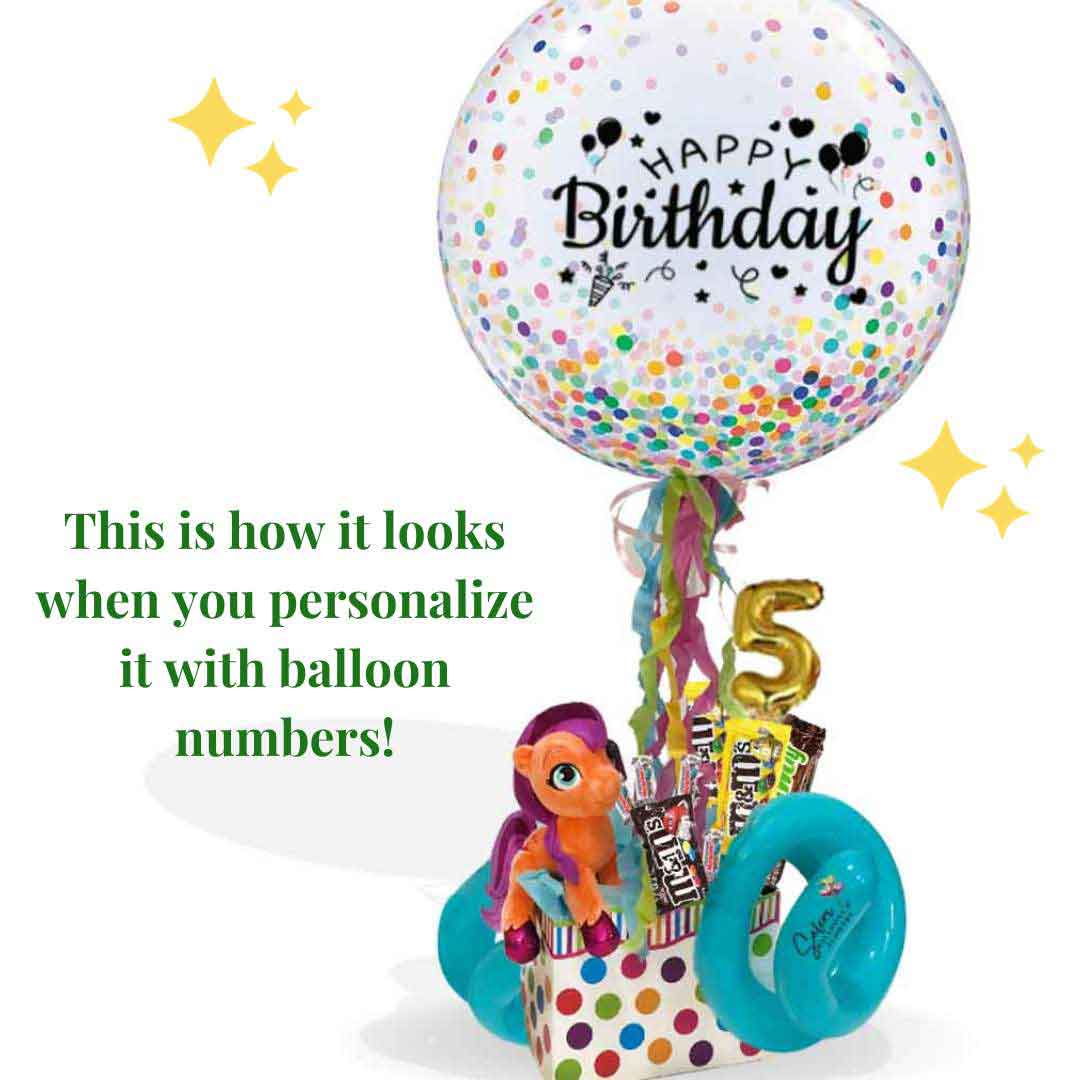 Birthday Balloon-Candy box with my little pony plush and big deco-bubble. Balloons Salem Oregon.