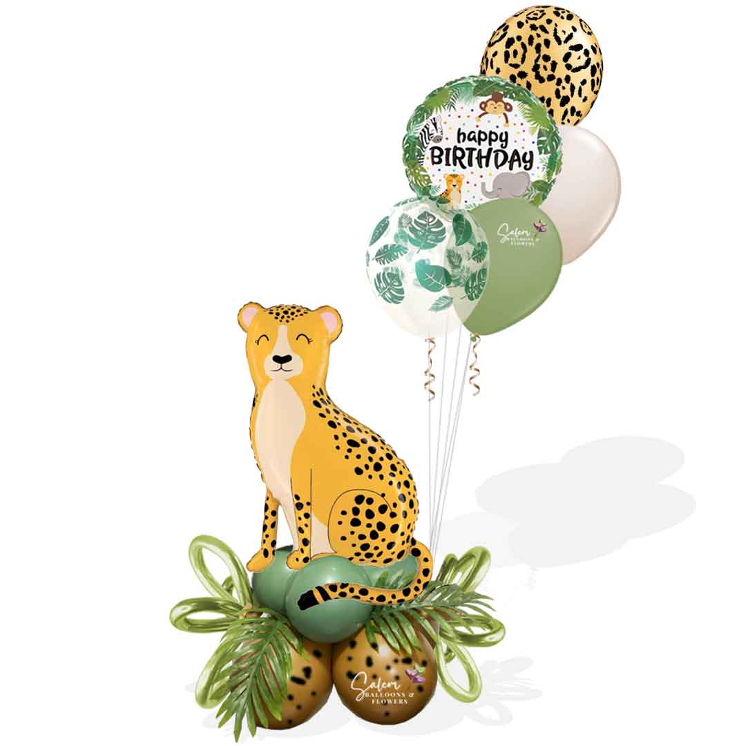 Cheetah balloon bouquet with a set of helium balloons and greenery. Salem Oregon balloon delivery.