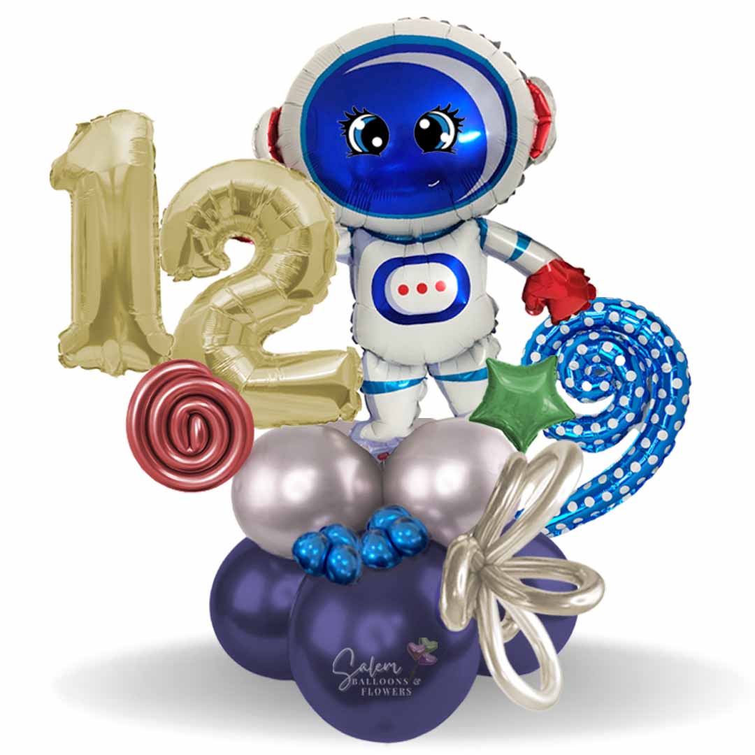 Astronaut themed balloon bouquet with number balloons, stars and curly ribbon. Balloons Salem Oregon