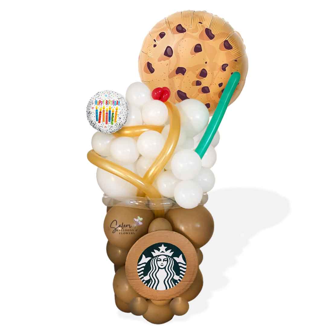 4 Ft tall Starbucks Latte inspired balloon bouquet. with whipping cream and a chocolate cookie balloon. Delivery in Salem Oregon and nearby cities.