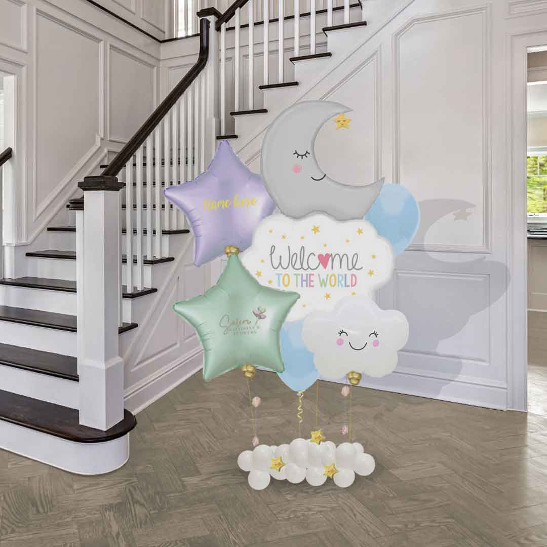 Welcome Baby Helium-filled balloon set features a moon, stars, and clouds, designed in the sweetest of pastel colors to lend an air of tenderness and grace. Balloons Salem Oregon and nearby cities. On site size chart.