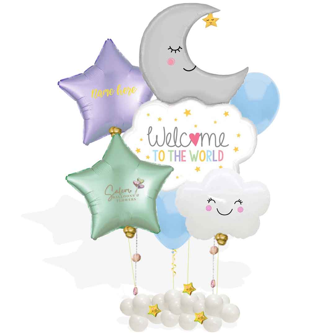 Welcome Baby Helium-filled balloon set features a moon, stars, and clouds, designed in the sweetest of pastel colors to lend an air of tenderness and grace. Balloons Salem Oregon and nearby cities.