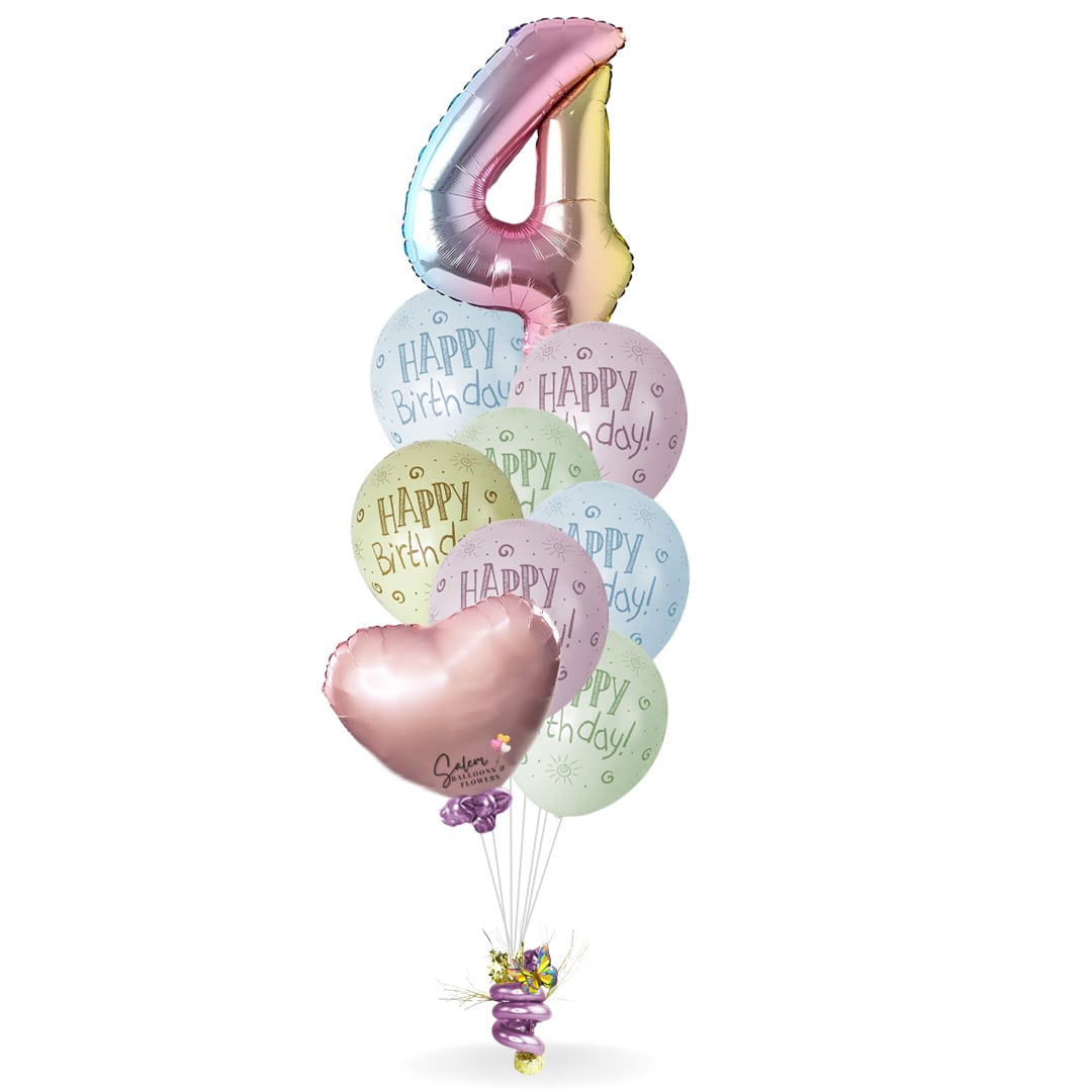 Extra large numbers balloon bouquet. With colorful Happy Birthday printed pastel colored balloons featuring extra large rainbow color numbers. A very cheery gift! Delivery available in Salem Oregon and nearby areas.