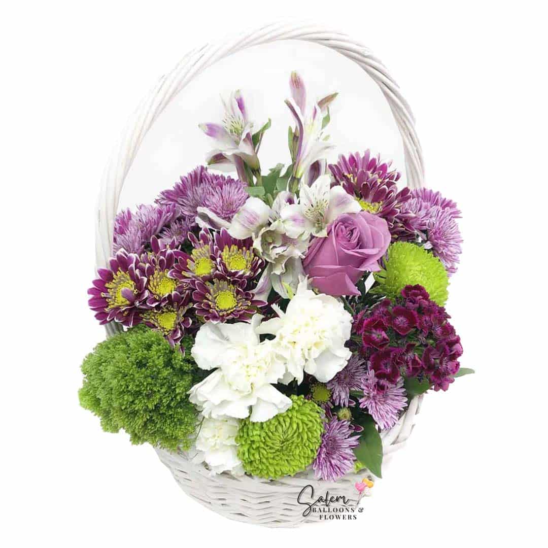 flowers in a white basket. Flower delivery Salem Oregon