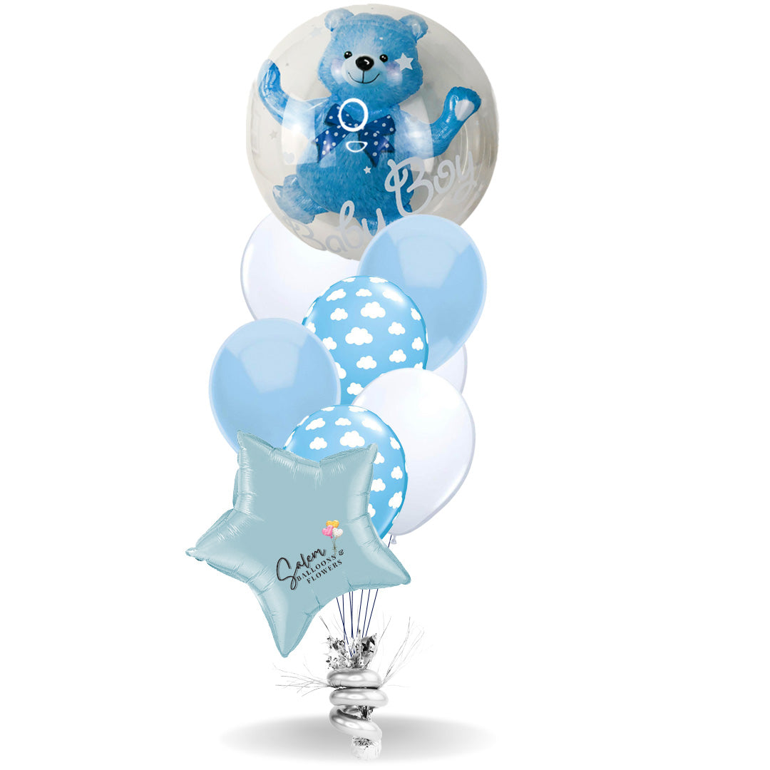 Baby Boy helium classic balloon bouquet. Featuring an extra large stuffed bubble balloon with a teddy bear balloon, and a set of matching colors helium balloons, anchored to a decorated weight.  Delivery in Salem Oregon and nearby areas. 