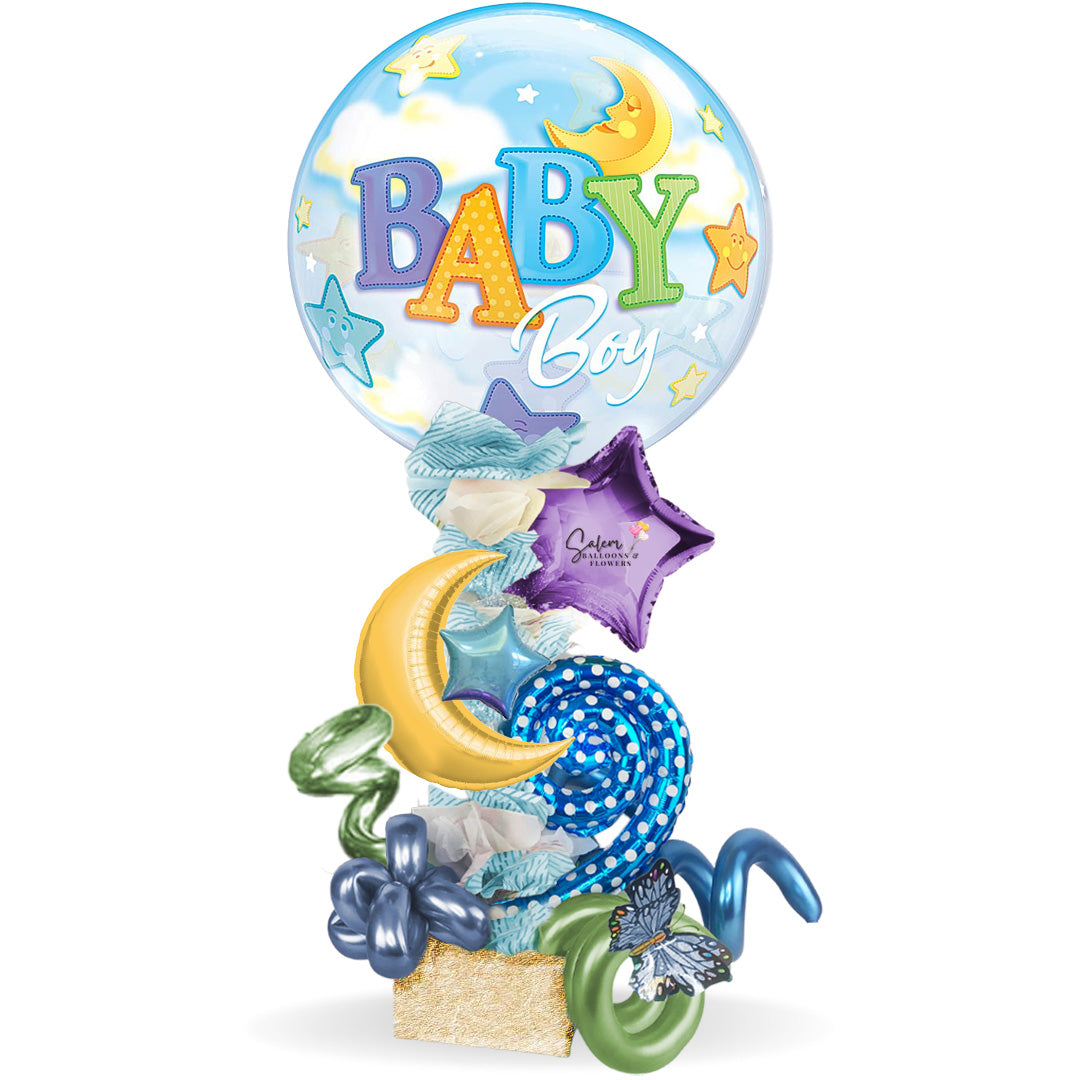 Baby Boy balloon arrangement. A wonderful and thoughtful way to celebrate the arrival of the newest crew member. Featuring a themed large Bubble balloon decorated with Moons and Stars. These balloon arrangements are very popular due to their long-lasting life and their big but still easy-to-carry size.Delivery available in Salem Oregon and nearby areas.