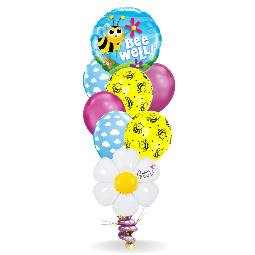 Get well helium balloon bouquet, featuring a mylar balloon with a cute bee and a 'Bee Well!
