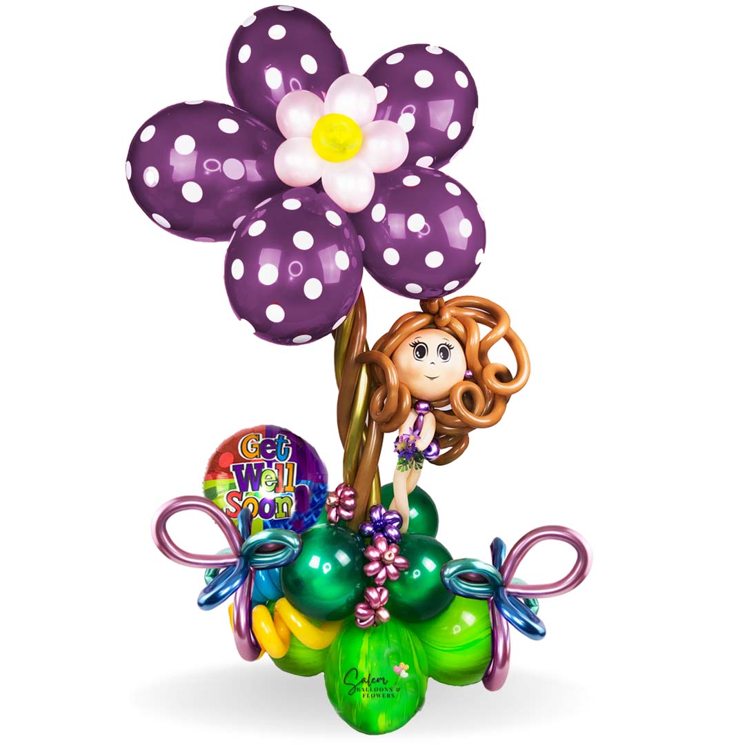 Get well standing balloon bouquet sculpture. Featuring a Balloon Ballerina Doll standing on a giant daisy flower balloon. Deluxe style comes with a box of chocolates. Free delivery in Salem Oregon and nearby areas. 
