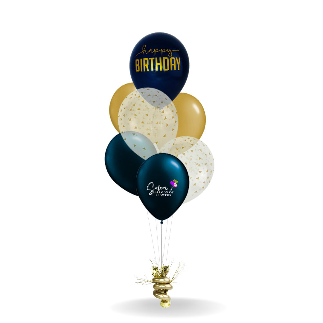 Birthday helium balloons Salem Oregon. Color: Navy blue and gold. Delivery Salem Oregon and nearby cities.