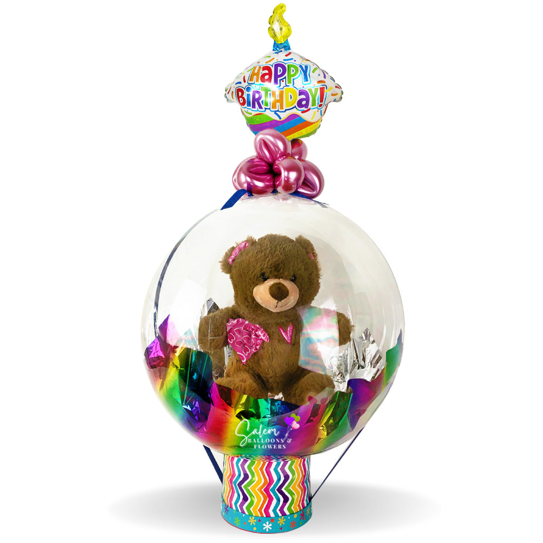 Happy birthday Stuffed bubble balloon gift. Featuring a cute teddy bear plush in a bubble balloon. A colorful and cheery gift! Delivery available in Salem, Keizer, Turner, Stayton, Independence Oregon