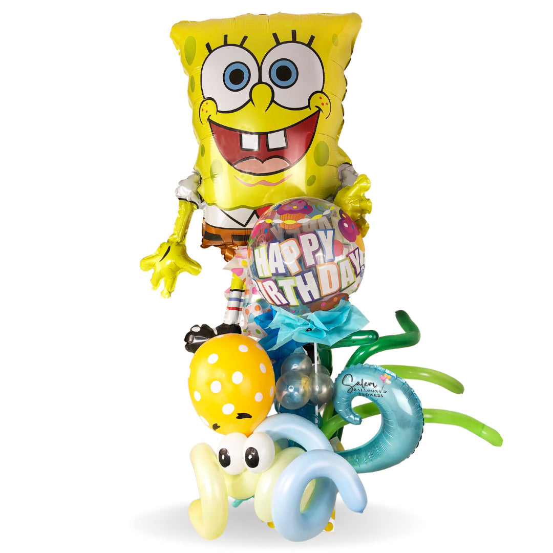 This is the funniest balloon bouquet. Featuring a large Sponge-Bob Mylar balloon decorated with whimsical balloons and a maritime theme. These balloon arrangements are very popular due to their long-lasting life and their big but still easy-to-carry size.  Free delivery in Salem Oregon and nearby areas