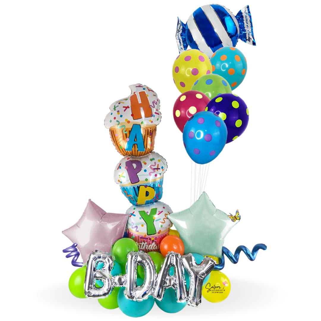 Large and colorful birthday balloon bouquet. Featuring a triple cupcake balloon with a Happy Birthday message. Deluxe style comes with a set of helium balloons featuring a candy balloon. Premium style includes a box of chocolates.  Free delivery in Salem Oregon and nearby areas.