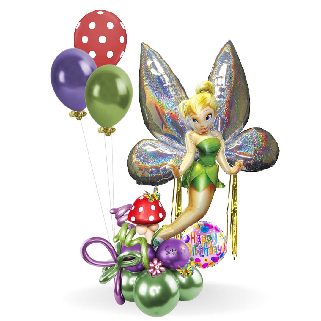 A fairy-tale Happy Birthday Standing Balloon Bouquet. Featuring a spectacular 3D Tinker-Bell holographic Balloon standing on a dreamy balloon base decorate in a Fairy tale style. Premium style comes with a box of chocolates. Free delivery in Salem Oregon and nearby areas.