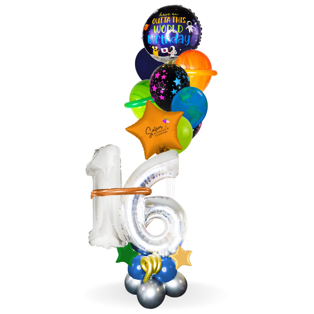 Make your birthday celebration truly out of this world with our spectacular space-themed number balloon bouquet! This amazing bouquet comes complete with large and impressive larch balloon numbers, anchored securely to a stunning balloon base adorned with beautiful balloon stars and curls.  At the top of the bouquet, you'll find a set of colorful helium balloons.  Balloon delivery in Salem Oregon and nearby cities.
