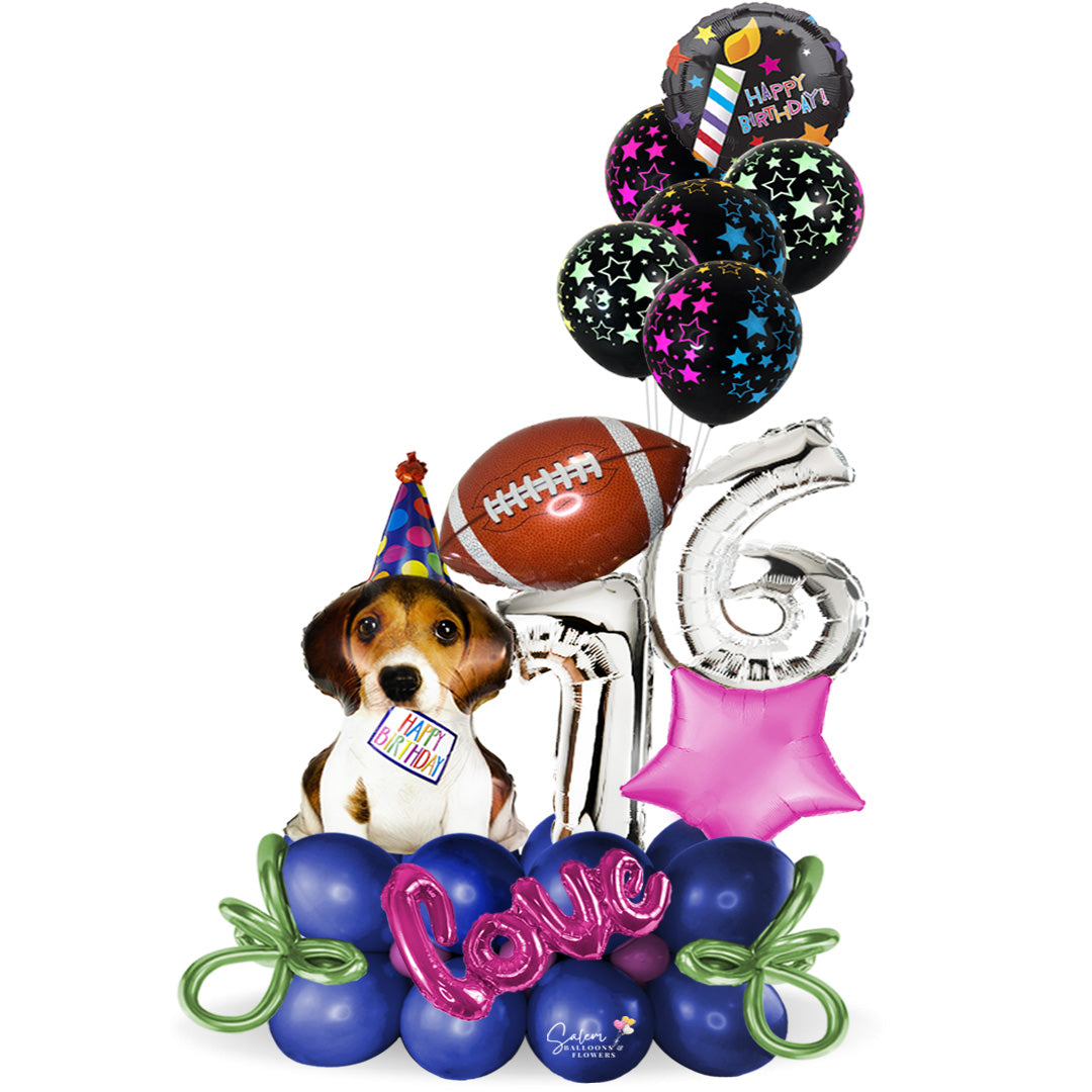 Numbers balloon bouquet featuring a dog balloon. Balloons Salem Oregon. Balloon delivery in Salem Oregon. Balloons Keizer OR.