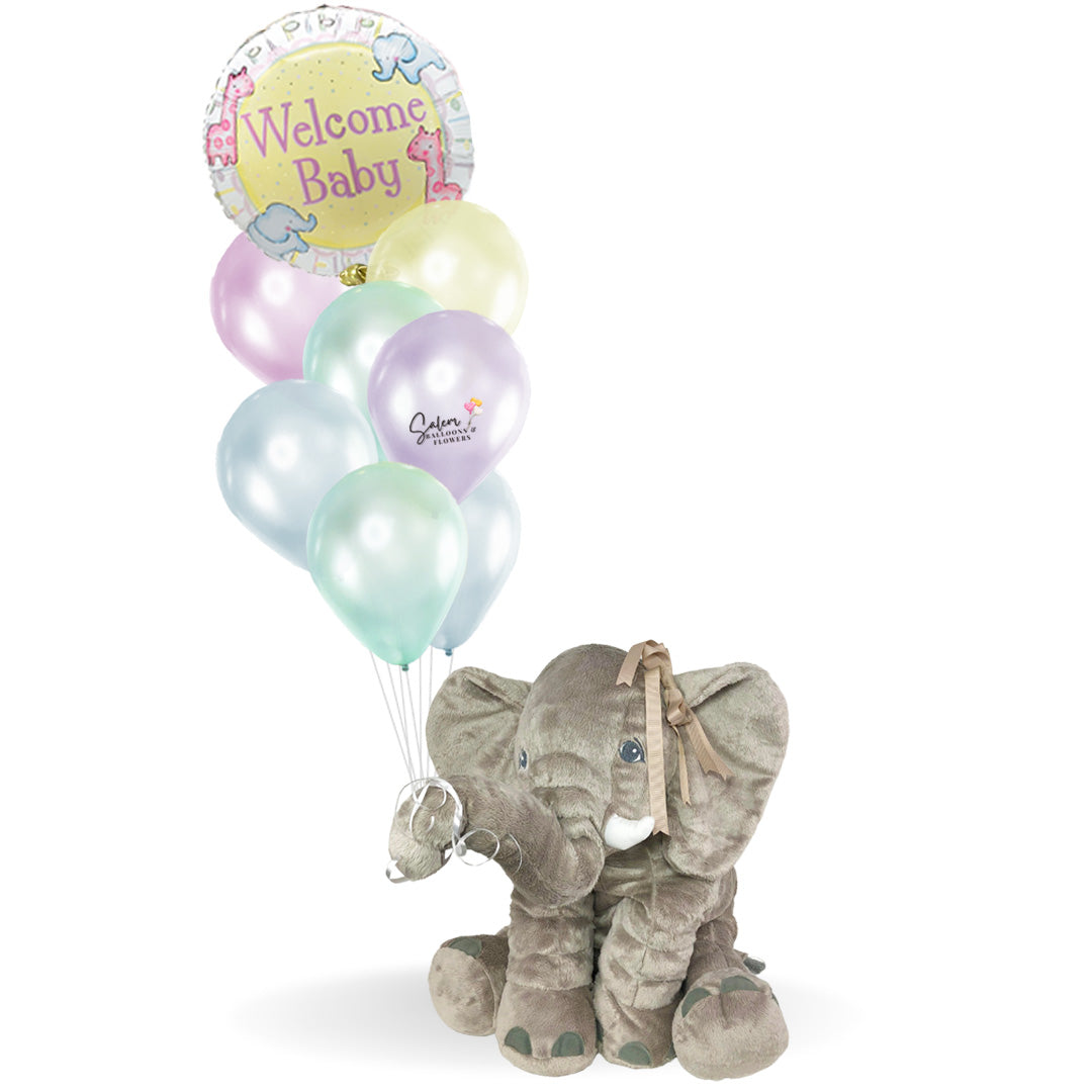 Baby themed balloon bouquet. Featuring a Hello Baby Mylar balloons with a set of bright colored helium balloons, anchored to a decorated weight. Deluxe style comes a box of chocolates and free delivery. Premium style comes with a box of chocolates, a cute plush and free delivery.