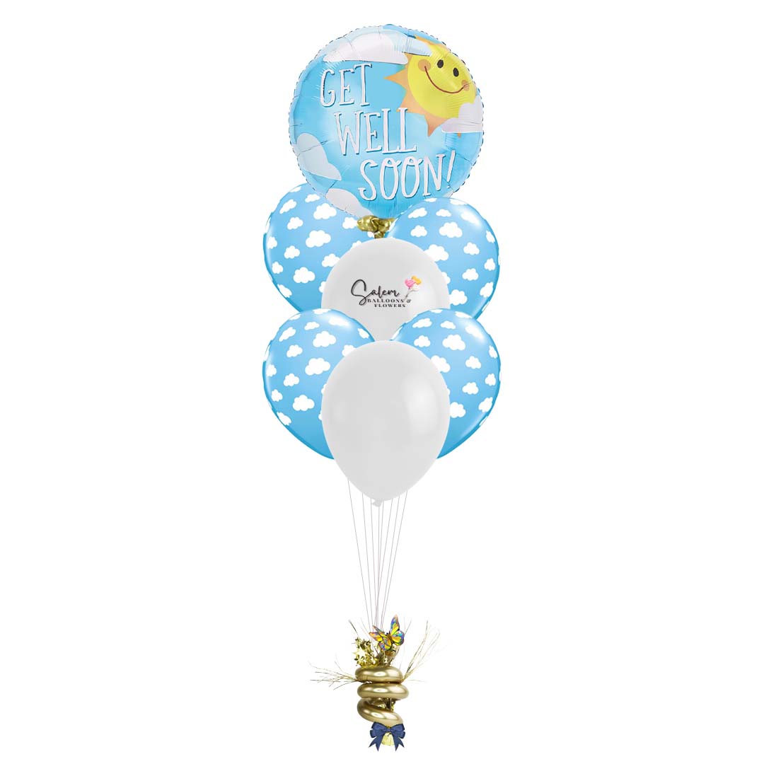 Get well soon helium balloon bouquets. Delivery in Salem Oregon and nearby cities. Mylar balloon displays a smiley sun, blue sky and white clouds.