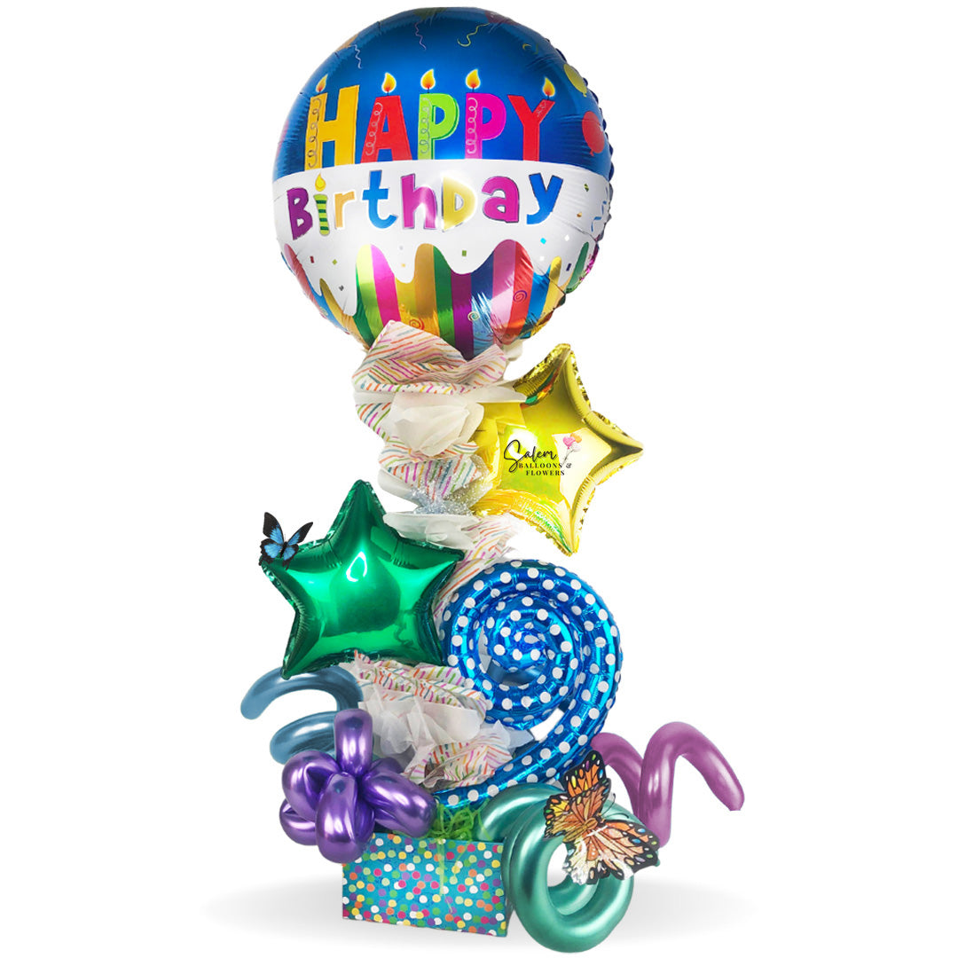 Colorful free-standing balloon arrangement. This is a gorgeous gift. Featuring a themed Mylar balloon decorated with whimsical balloons. These balloon arrangements are very popular due to their long-lasting life and their big but still easy-to-carry size.  Free delivery in Salem Oregon and nearby areas.