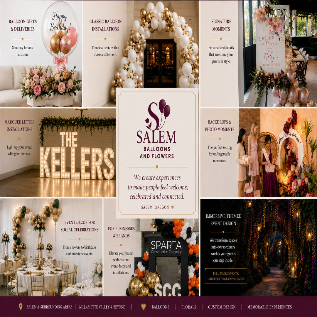Salem Balloons & Flowers event décor services featuring balloon installations, marquee letters, backdrops, corporate events, social celebrations, balloon gifts, florals and immersive themed event design in Oregon.