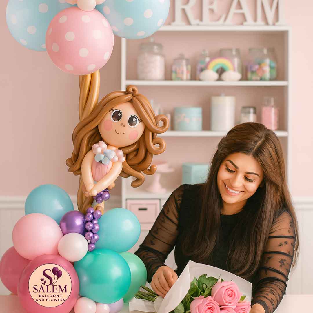 Woman in a balloon shop making beautiful balloon arrangements in pastel colors. Salem Balloons and Flowers. Oregon.
