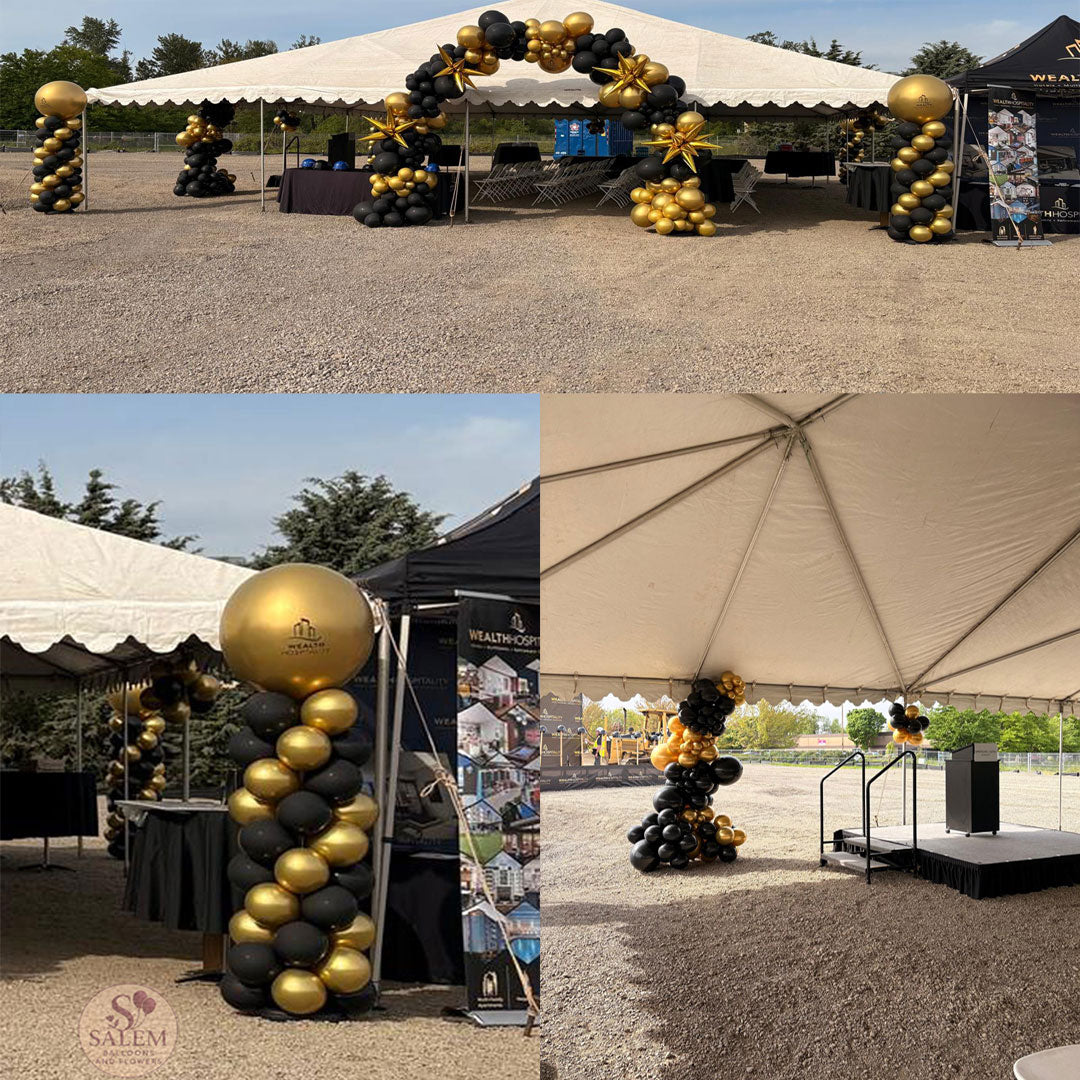 Groundbreaking ceremony decor for Springhill Suites by Marriott in Salem, Oregon, featuring professional outdoor balloon columns and arch by Salem Balloons and Flowers.