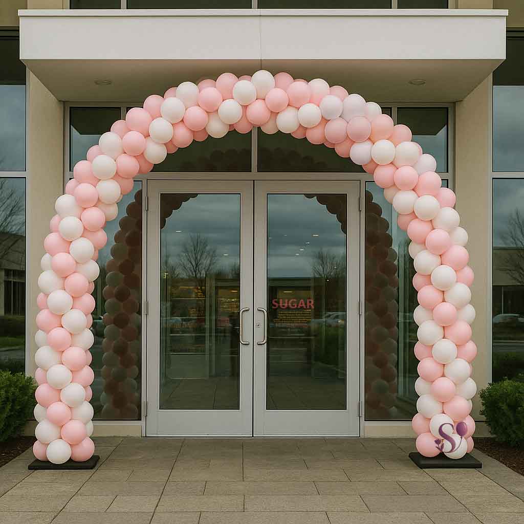 traditional balloon arch in pastel colors framing the entrance of a mall. Oregon.