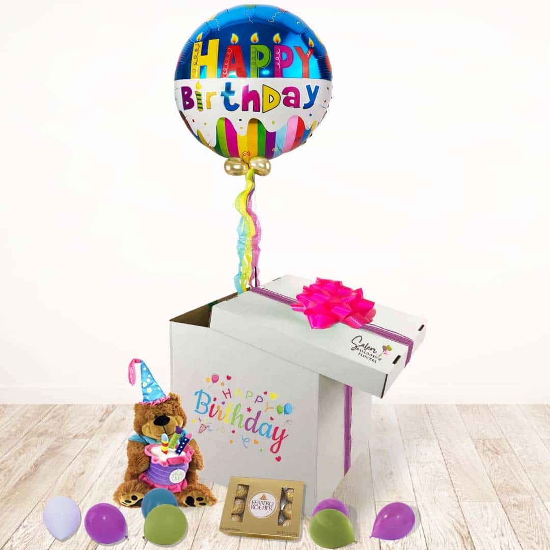 Introducing our "Surprise Balloon Box" A wonderful surprise with a helium balloon that floats up when you lift the box lid.  It also contains a musical plush and a box of chocolates. Balloon delivery in Salem Oregon and nearby cities.