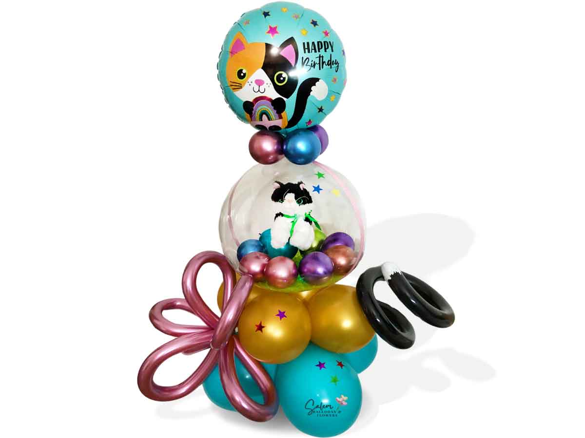 Stuffed bubble balloon, featuring a plush kitty Cat and a mylar cat balloon with a Happy Birthday message in vibrant colors. Balloon delivery Salem Oregon