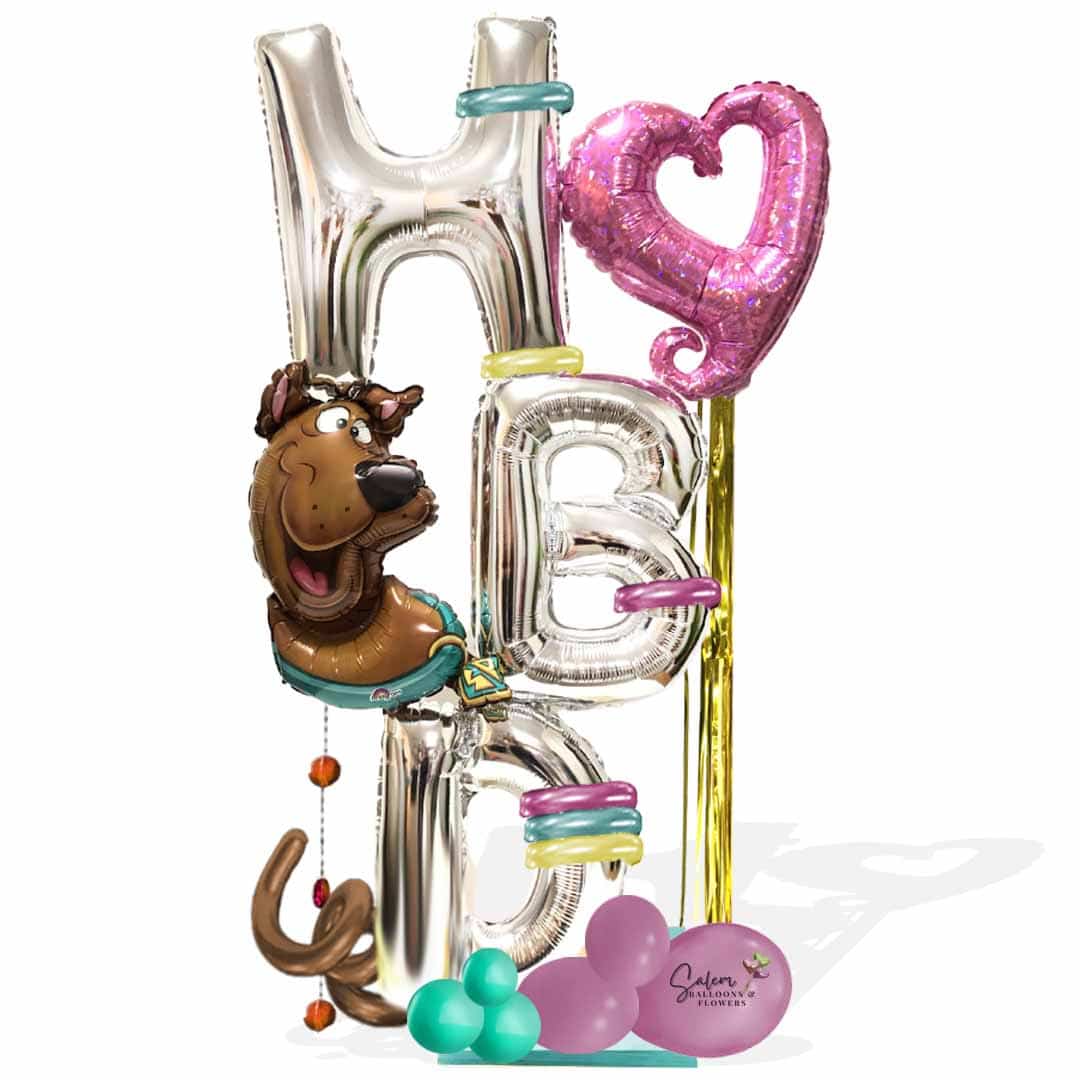 Birthday balloon bouquet with H,B and D letter balloons with scooby Doo balloon decorated with hearts, curly ribbon and curly balloons. Balloons Salem Oregon.
