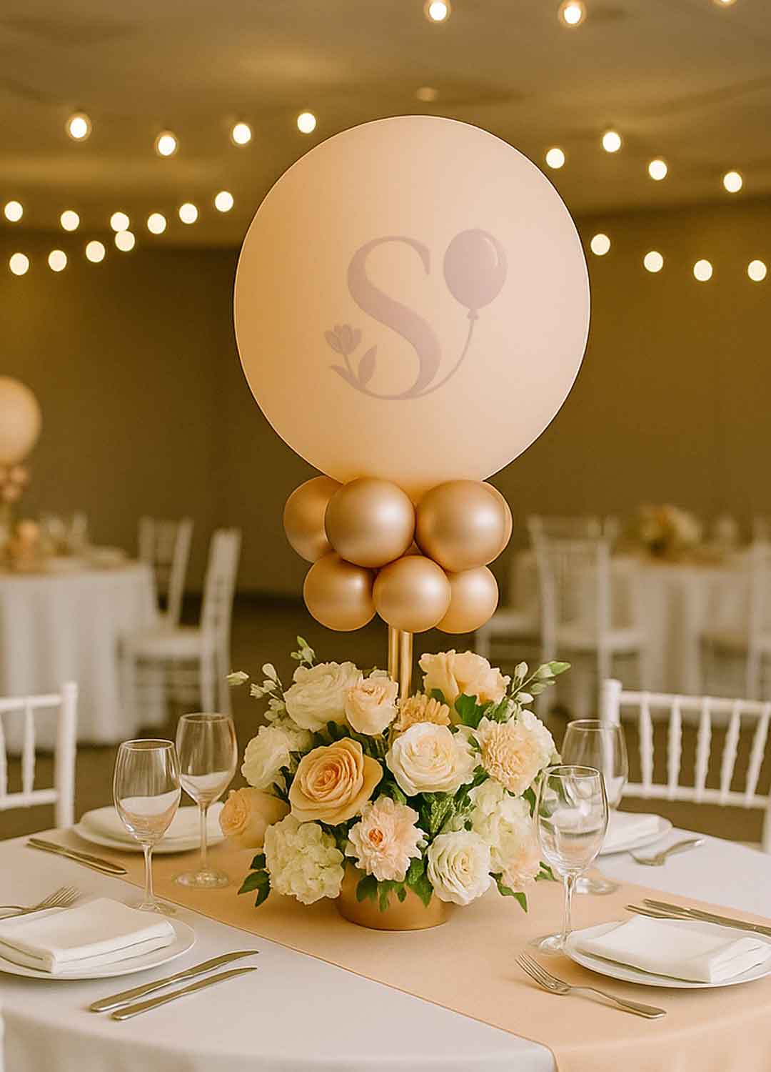 Table Centerpiece with balloons and Flowers in peach and cream colors, on a table in a wedding reception. Balloon Decor Oregon.