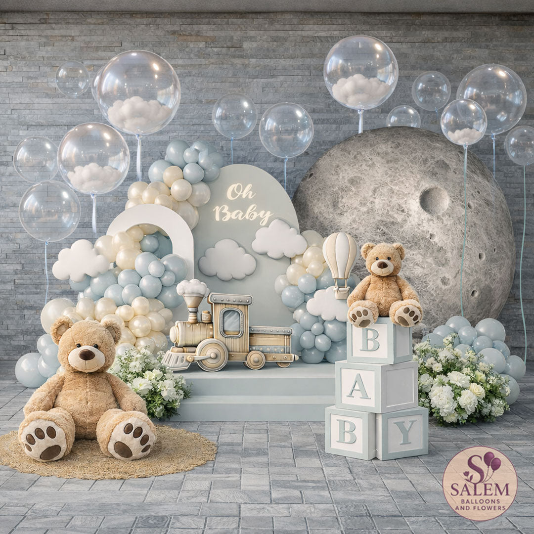 1st birthday balloon decor display. in pastel blues, featuring a large fox, 3 panels, and flowers. Balloon decor. Oregon.