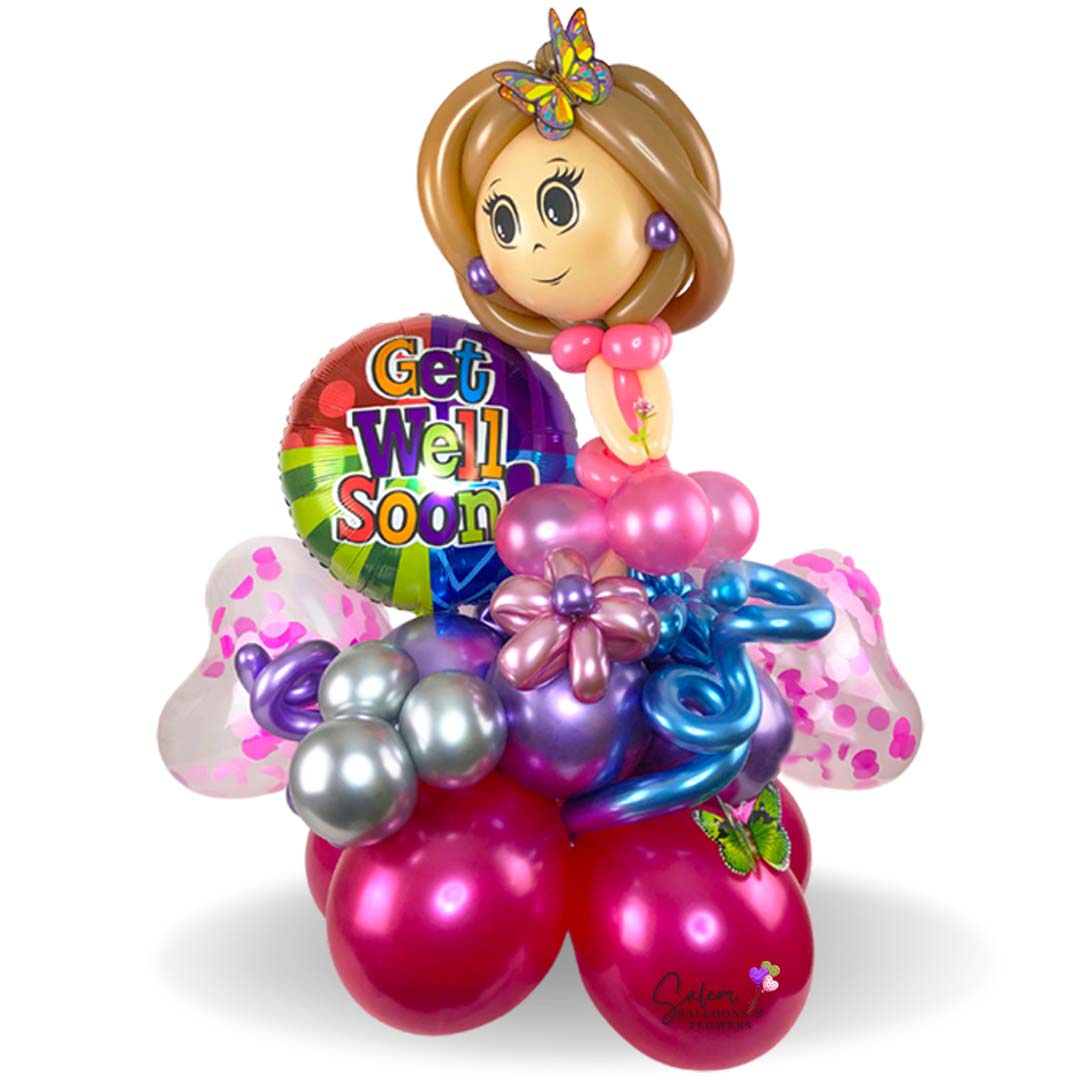 Get well soon balloon boquet featuring a balloon with a doggy. Salem Oregon balloon decor and balloon gifts delivery.