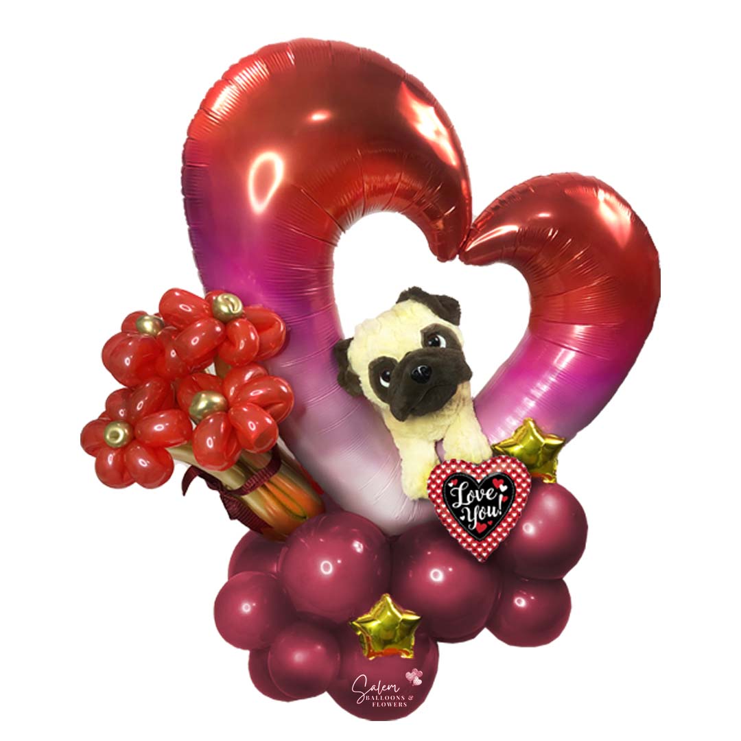 Open heart balloon with a Pug dog plush, balloon flowers, in a balloon cloud. Salem Oregon balloon decor and balloon gifts delivery